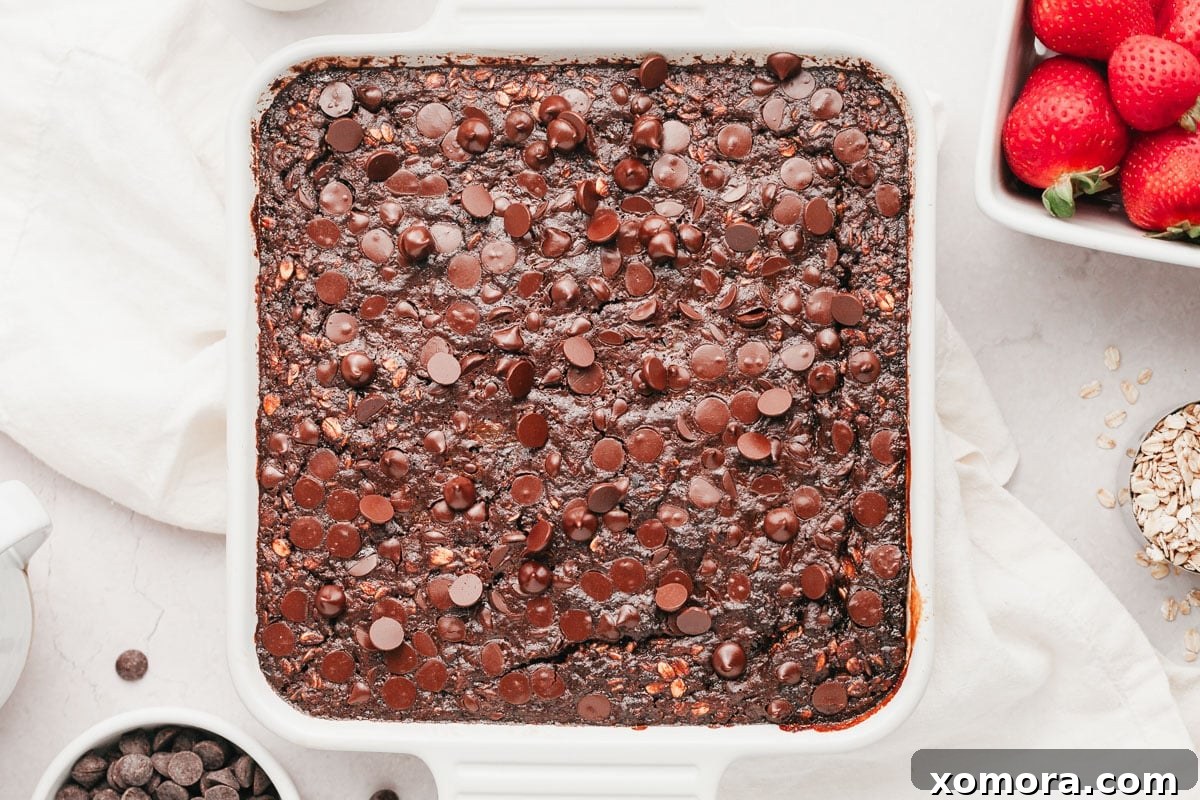 Fudgy Chocolate Baked Oats 4 Beautifully baked chocolate oatmeal in a baking dish