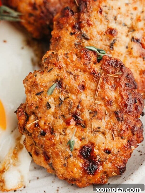 Air Fryer Turkey Breakfast Sausage patties, golden brown and perfectly cooked