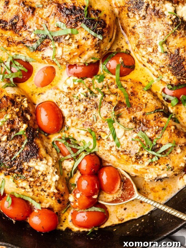 Baked Feta Chicken in a cast iron skillet with tomatoes.