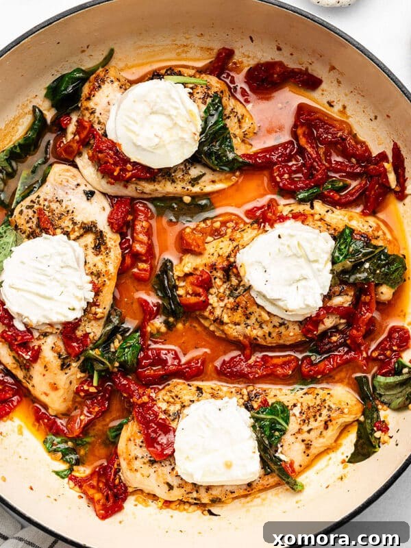 Sun-Dried Tomato and Goat Cheese Chicken, garnished with fresh basil.