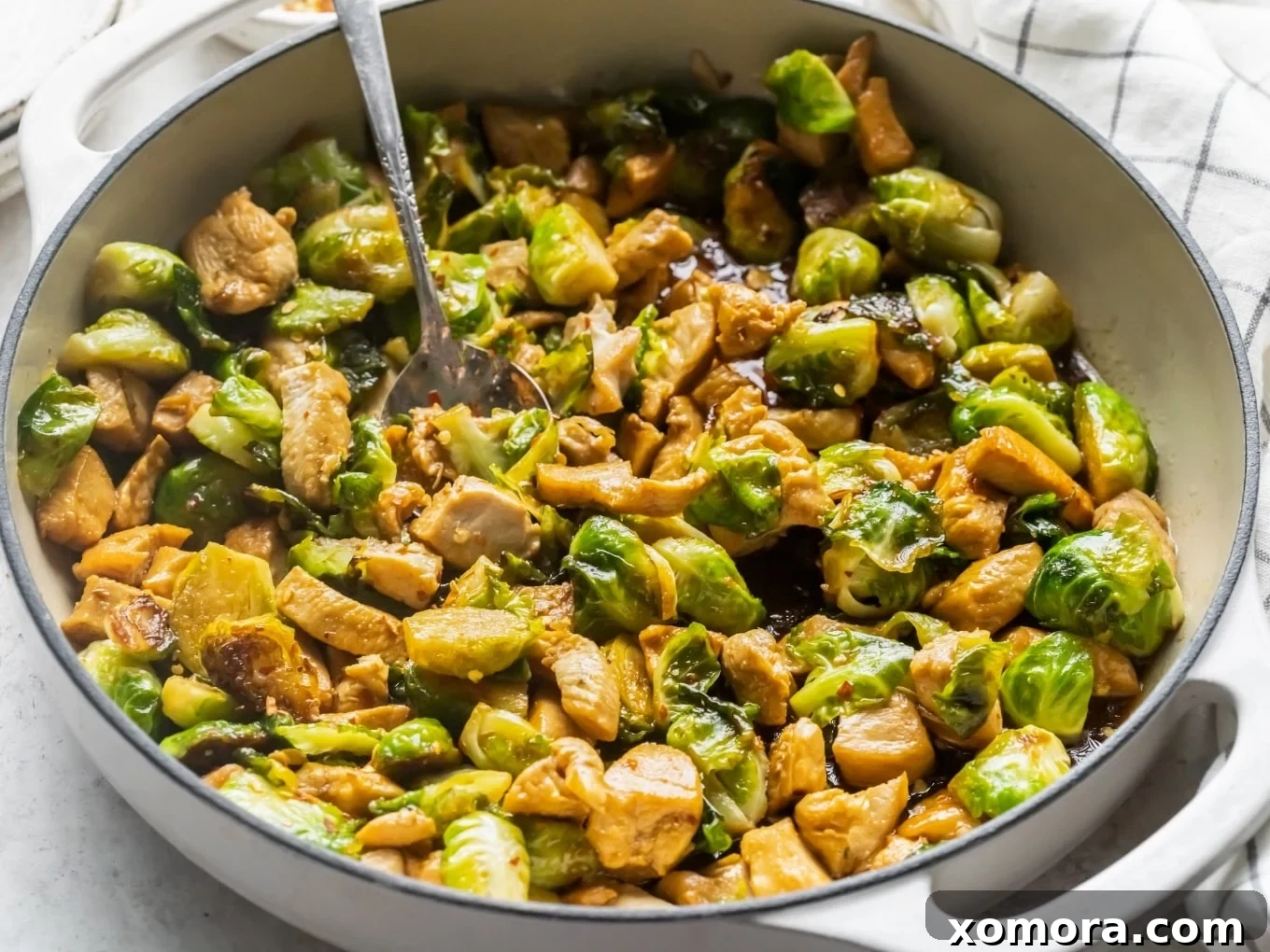 Skillet Chicken and Brussels Sprouts, a simple and healthy dinner.