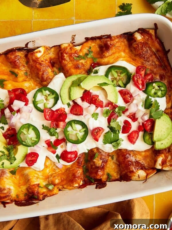 Easy Chicken Enchiladas baked to perfection with melted cheese.
