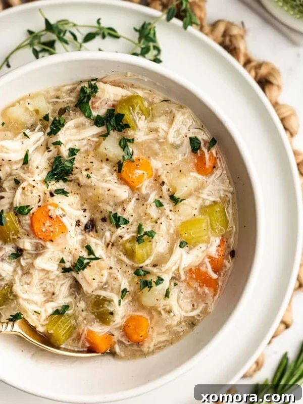 Slow Cooker Hearty Chicken Stew, thick and rich with vegetables.