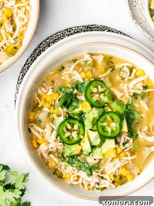 Salsa Verde Chicken Soup, garnished with fresh cilantro.