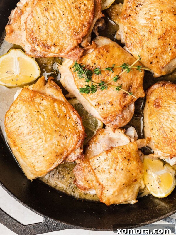 Baked Lemon Chicken Thighs with herbs and lemon slices.