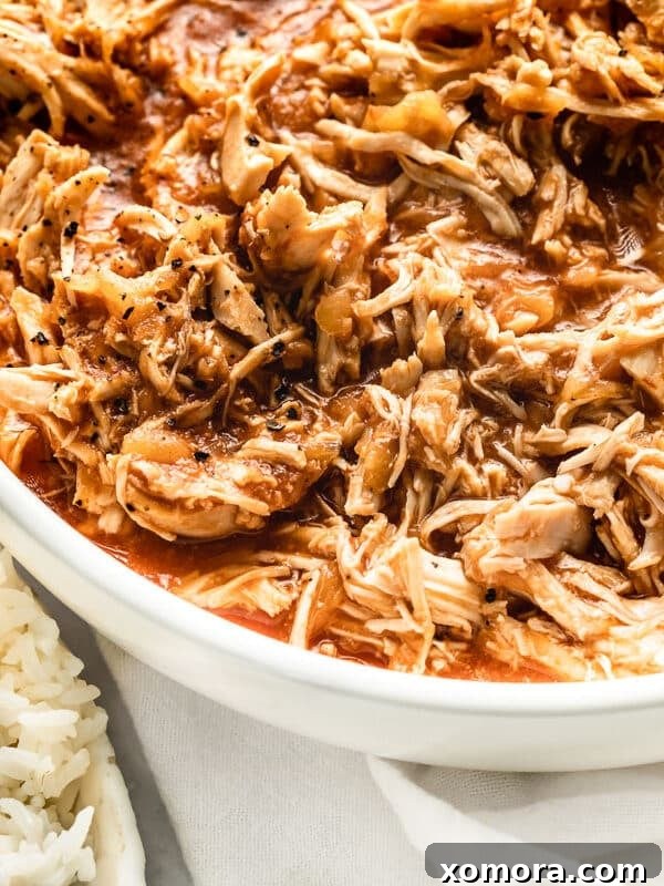 Slow Cooker Shredded Pineapple Chicken, sweet and savory.