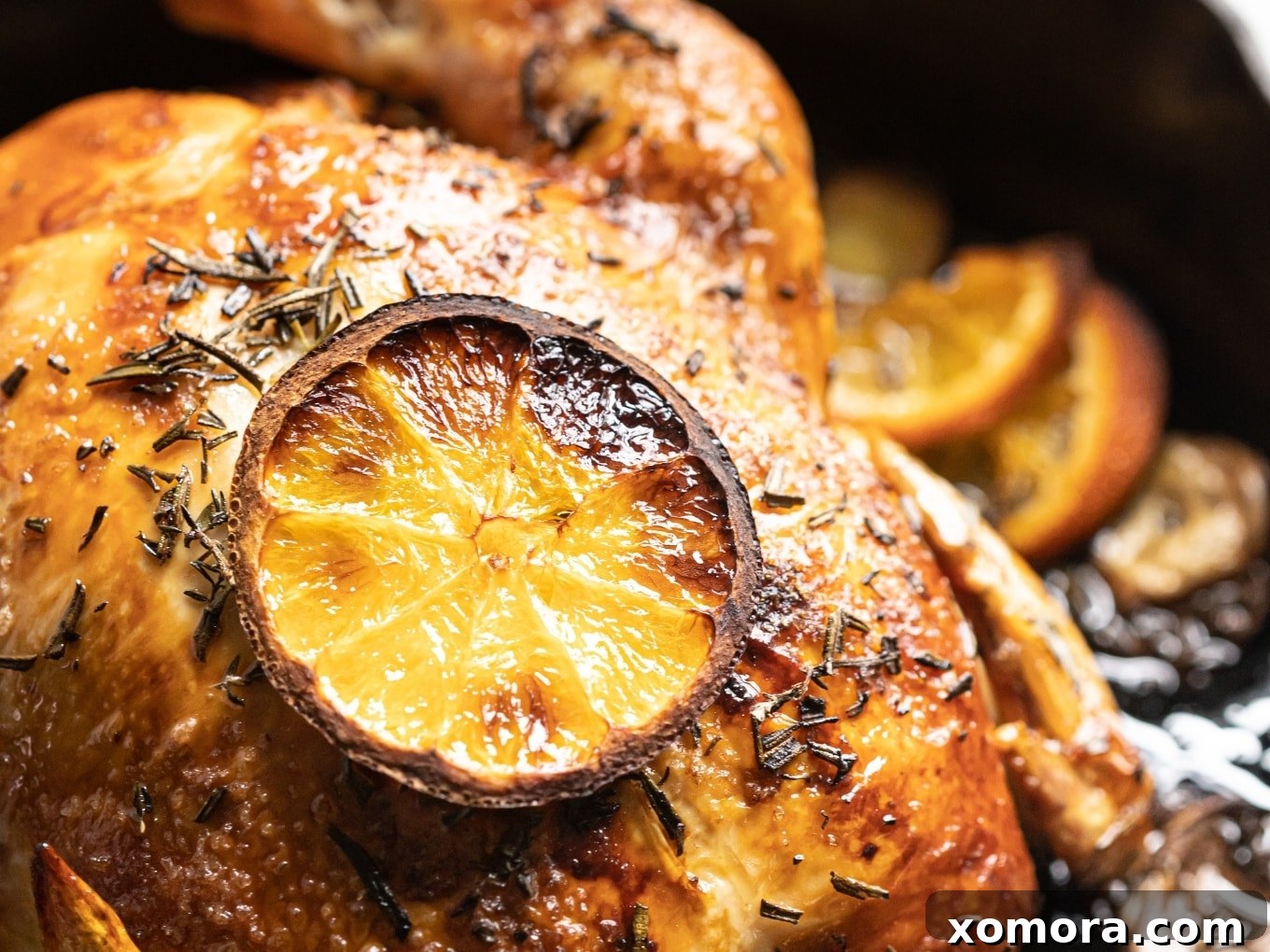 Orange Herb Roasted Chicken with Potatoes, golden brown and savory.
