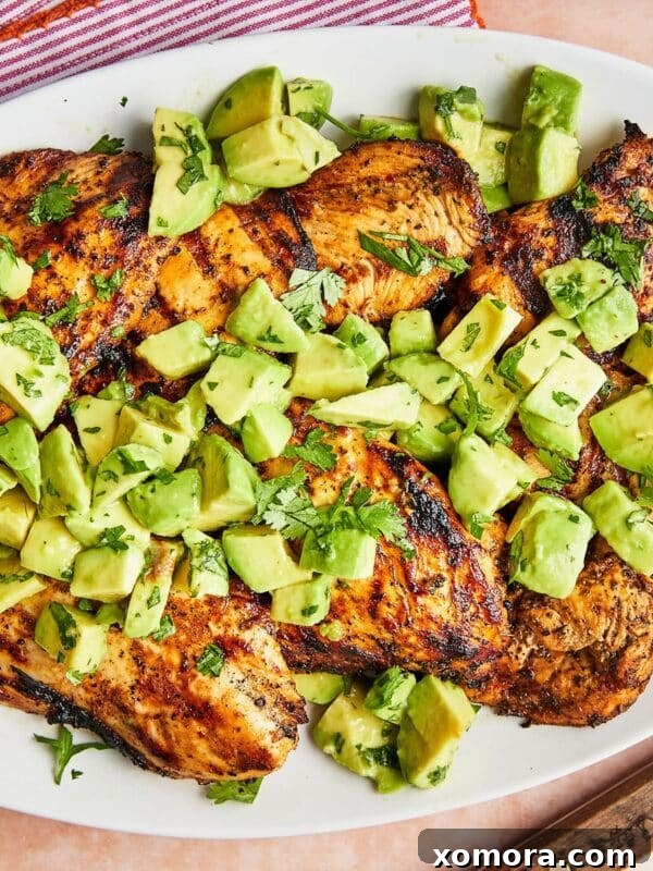 Avocado Chili Lime Grilled Chicken with a vibrant avocado topping.