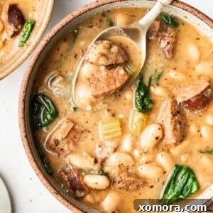 Easy Sausage and White Bean Soup ready to be served