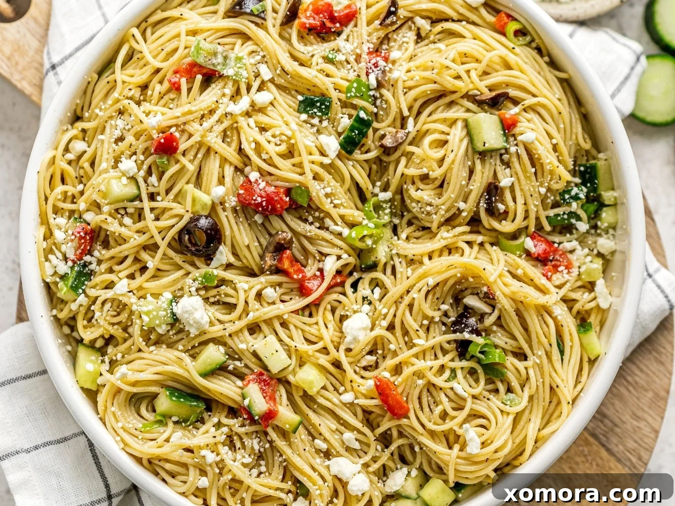20-Minute Greek Pasta Salad with feta, olives, and tomatoes.