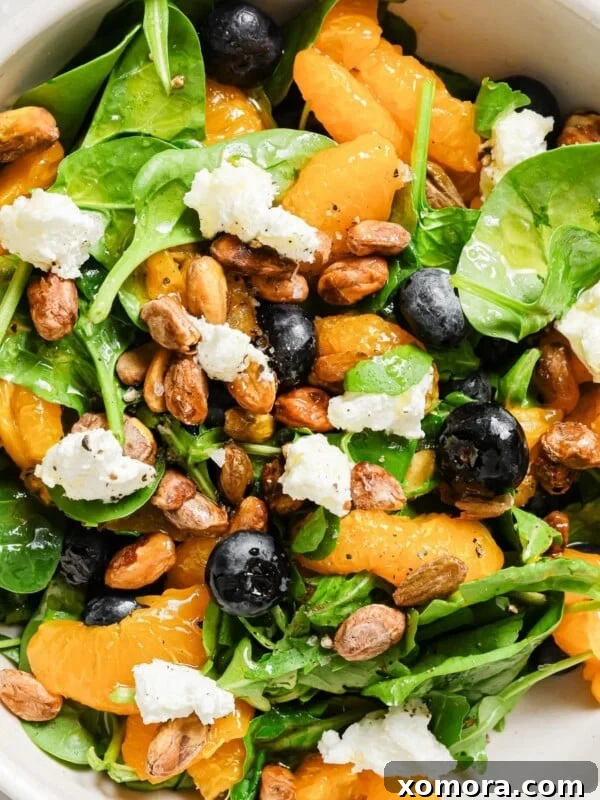 Blueberry Citrus Spinach Salad with goat cheese and pistachios.