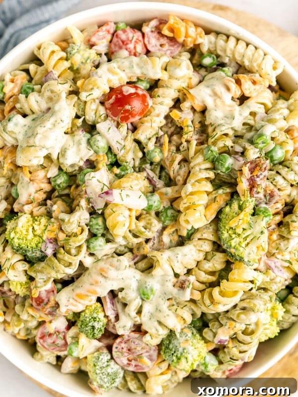 Creamy Bacon Ranch Pasta Salad in a large serving bowl.