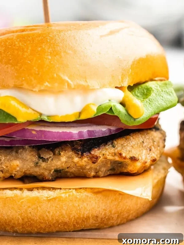 The Best Ground Chicken Burgers, juicy and perfectly cooked on buns with toppings.