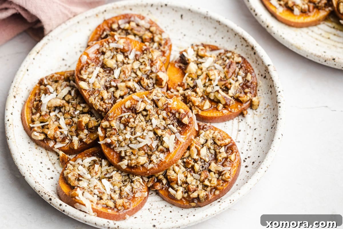 Cinnamon Pecan Sweet Potato Rounds, topped with a golden crumble.