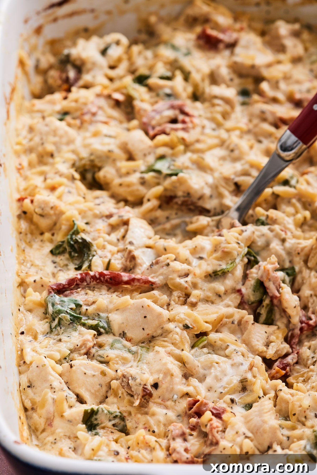 Dreamy Chicken Orzo Casserole 6 Serving of creamy chicken orzo bake in a bowl.