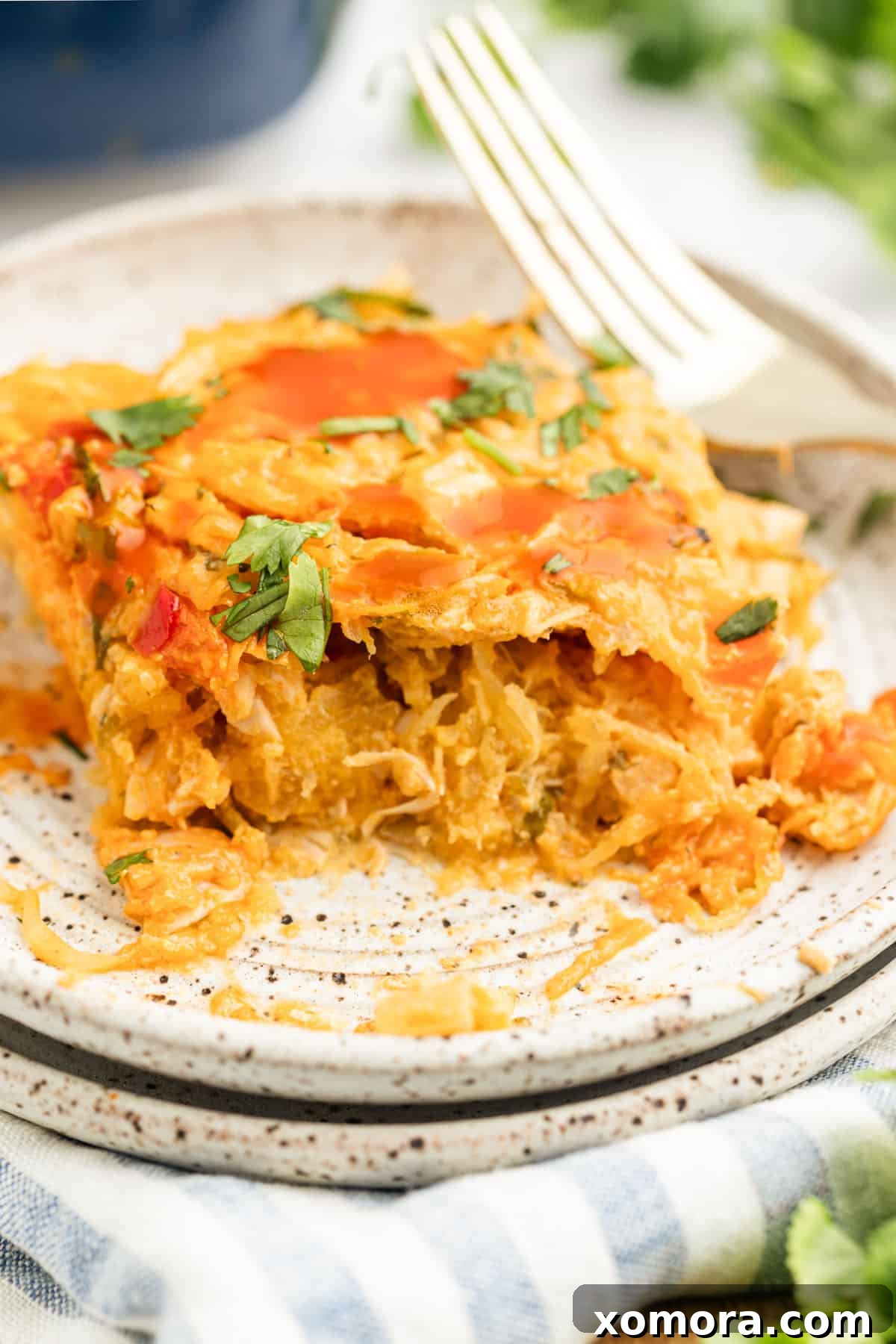 A serving of Buffalo Ranch Chicken Casserole on a plate, garnished with fresh cilantro.