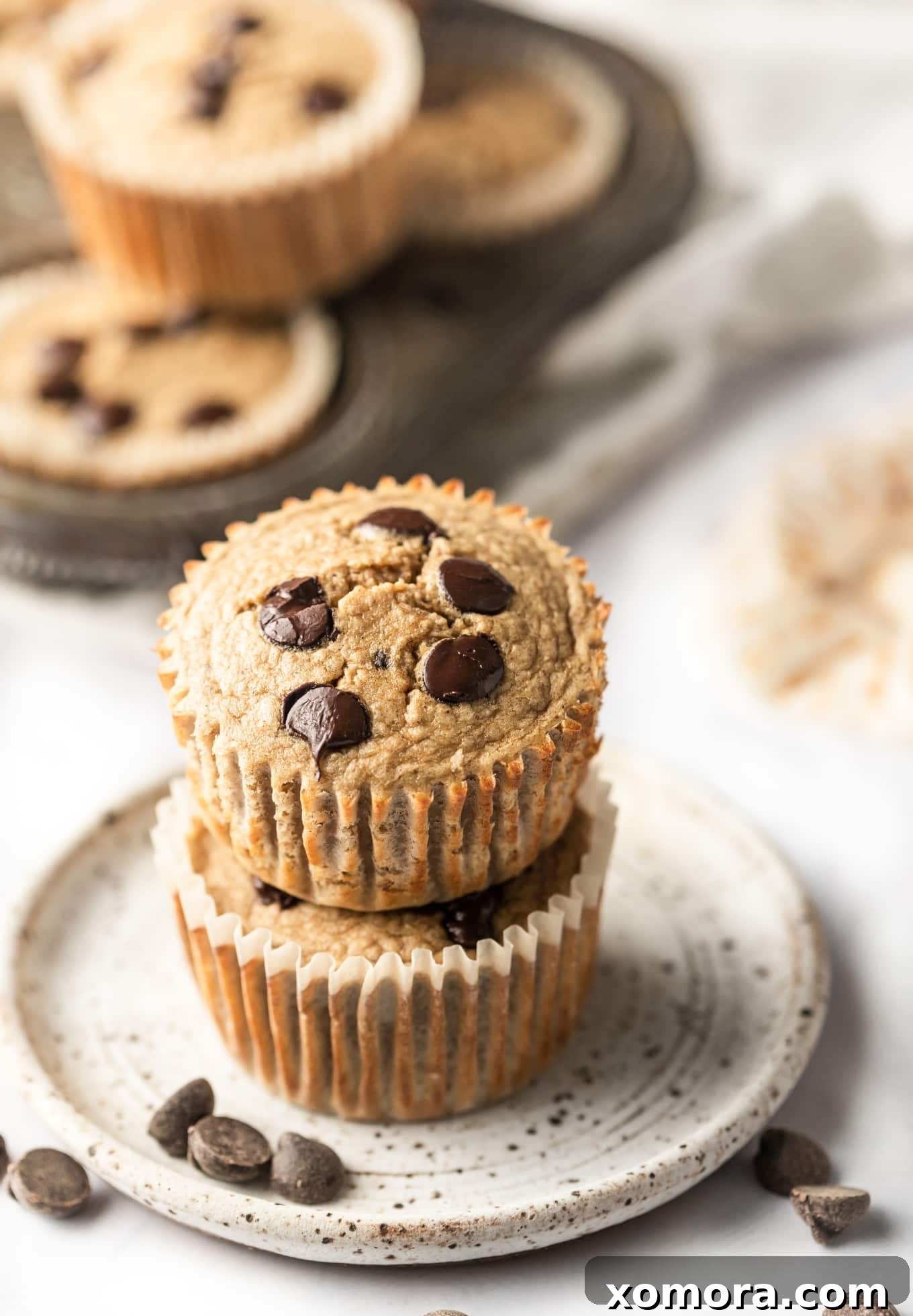 Golden Banana Oat Chocolate Chip Delights 3 A close-up shot of a golden-brown chocolate chip banana oat muffin with a perfect dome top, showcasing melted chocolate chips.