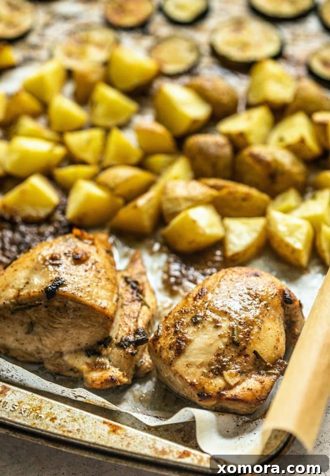 Sheet Pan Chicken with Roasted Potatoes and Zucchini 5 A mix of seasoned chicken, quartered baby Dutch yellow potatoes, and sliced zucchini ready for the oven on a parchment-lined sheet pan.