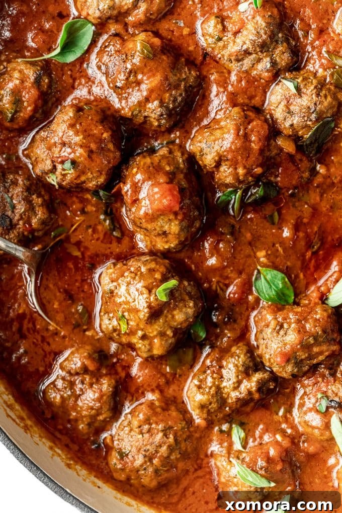Slow-Simmered Marinara Meatballs 2 Flavorful homemade meatballs simmering in a vibrant marinara sauce, garnished with fresh herbs.