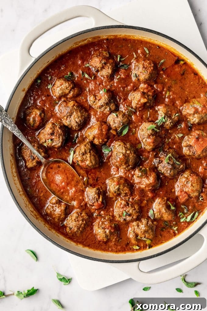 Slow-Simmered Marinara Meatballs 5 A bowl of delicious meatballs in marinara sauce, garnished with fresh basil, ready to be served.