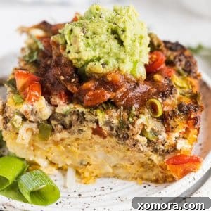 Zesty Plant-Based Mexican Breakfast Bake 6 Dairy Free Mexican Breakfast Casserole, served in a square baking dish.
