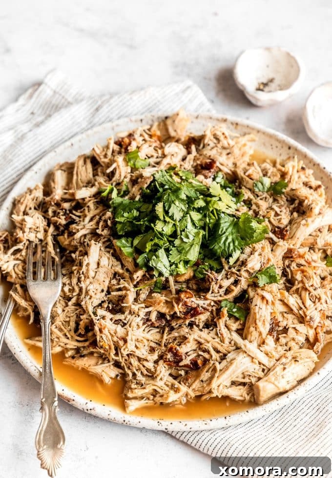 Fork-Tender Slow Cooker Italian Shredded Chicken 2 A close-up shot of tender Slow Cooker Italian Shredded Chicken in a ceramic bowl, garnished with fresh parsley.