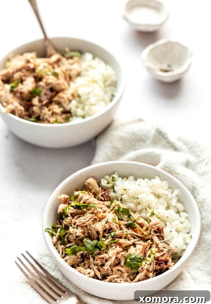 Fork-Tender Slow Cooker Italian Shredded Chicken 3 Another close-up of Slow Cooker Italian Shredded Chicken, highlighting the rich sauce and diced sun-dried tomatoes.