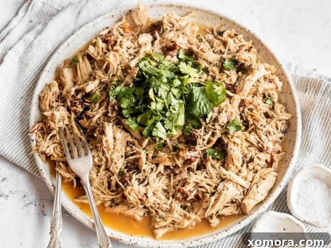 Fork-Tender Slow Cooker Italian Shredded Chicken 5 A beautifully plated serving of Slow Cooker Italian Shredded Chicken over roasted potatoes.