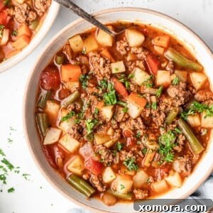 A bowl of steaming, healthy 30-minute hamburger soup.