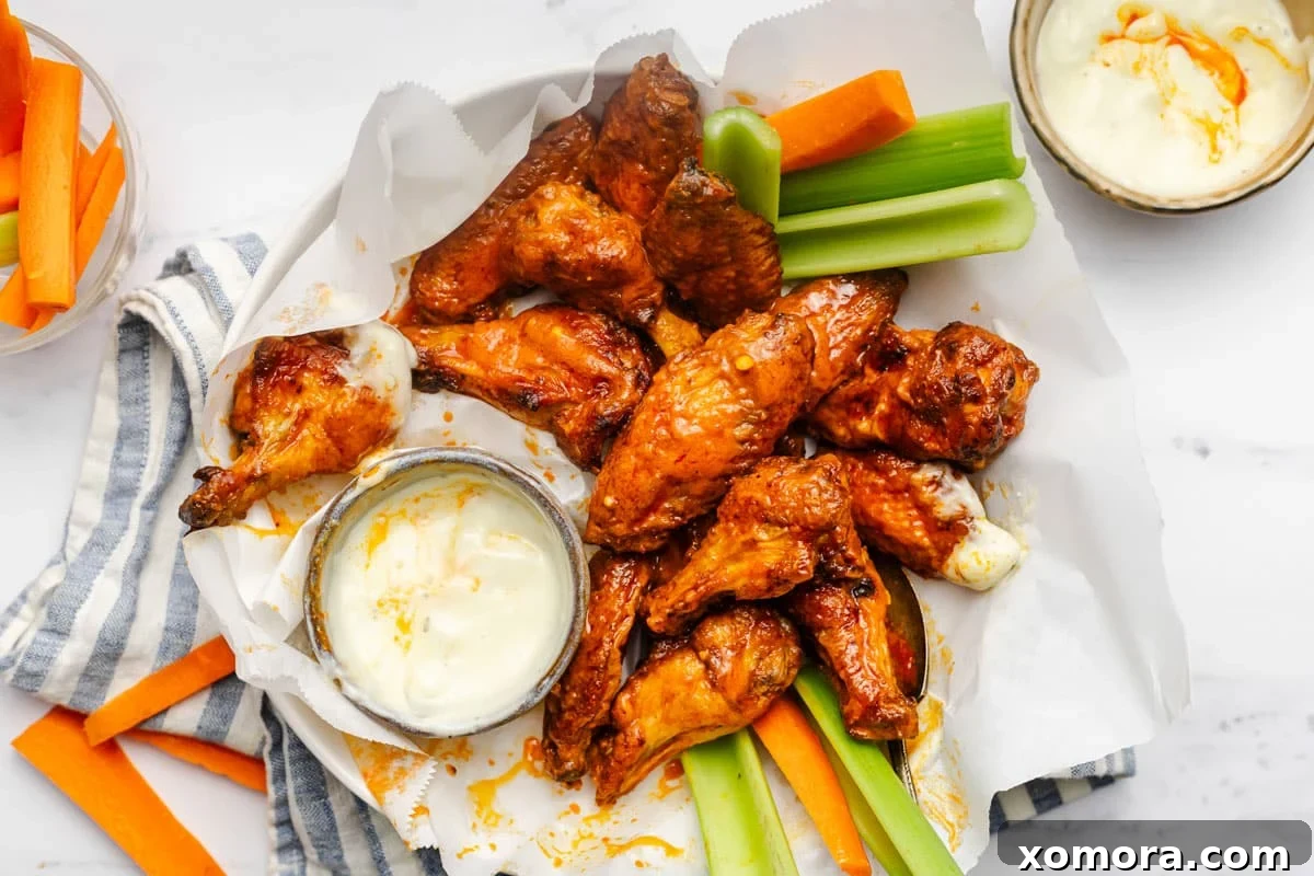 Zesty Oven-Baked Buffalo Wings 6 Baked buffalo chicken wings piled on a serving plate with a side of ranch dip.