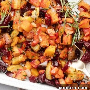 Close-up of roasted root vegetables with fresh rosemary garnish.