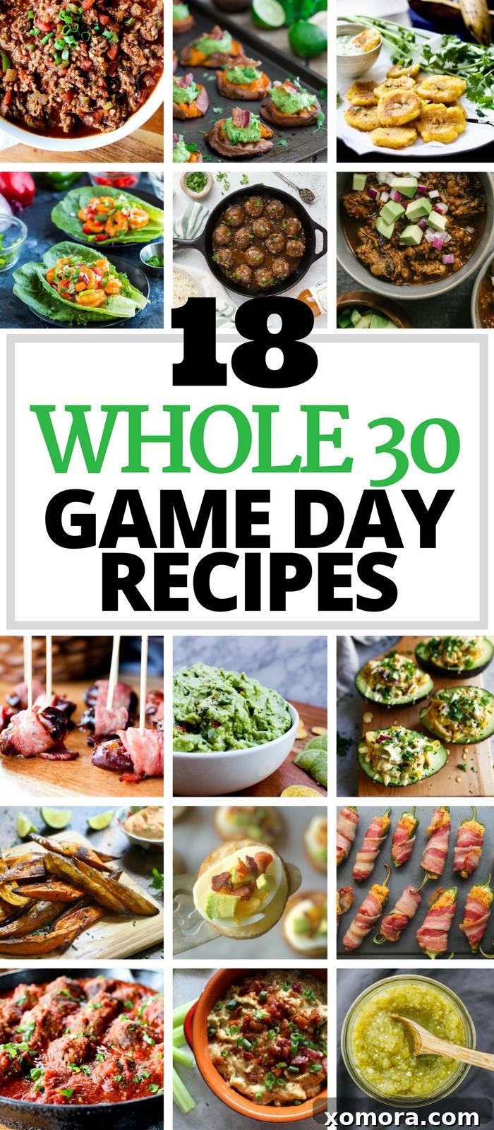 Game Day Grub: 18 Whole30 Approved Recipes 2 A vibrant collage of various healthy Whole30 game day recipes, including chili, buffalo shrimp, and dips, perfect for a Super Bowl party.