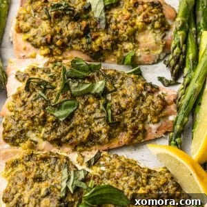 Pistachio Herb Crusted Salmon & Asparagus cooked on a sheet pan