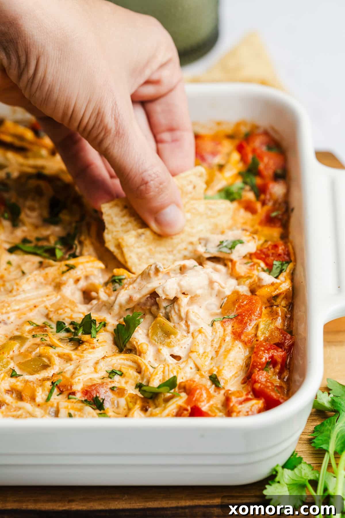 Creamy Dairy-Free Green Chile Chicken Dip 2 Creamy Green Chile Chicken Dip in a baking dish