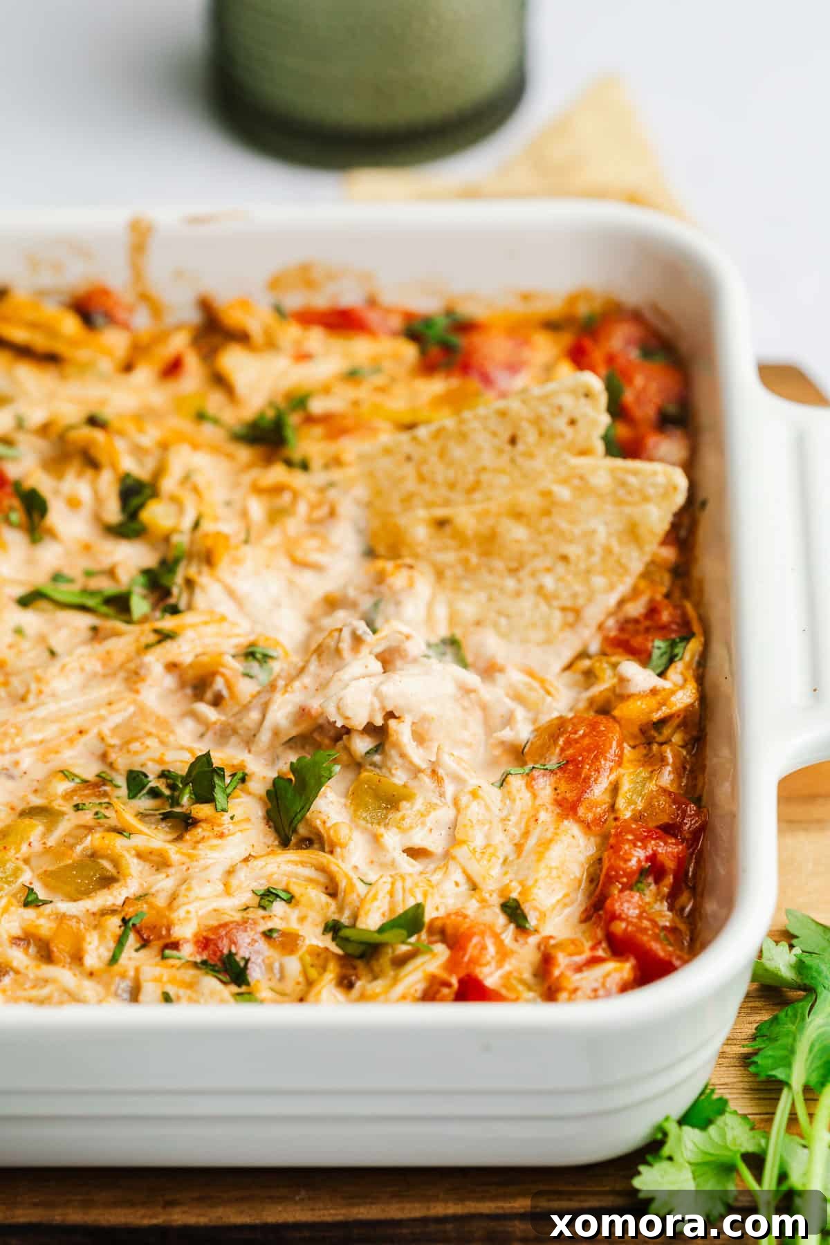 Creamy Dairy-Free Green Chile Chicken Dip 6 Fresh cilantro being sprinkled on green chile chicken dip