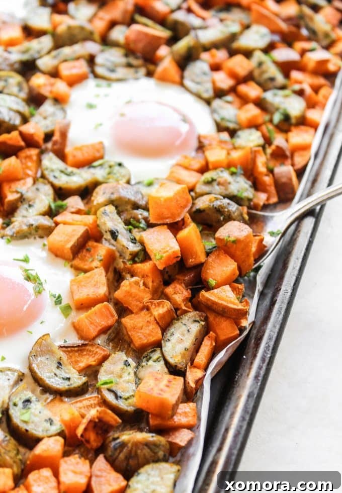 Delicious Sheet Pan Sweet Potato Breakfast with Eggs and Sausage