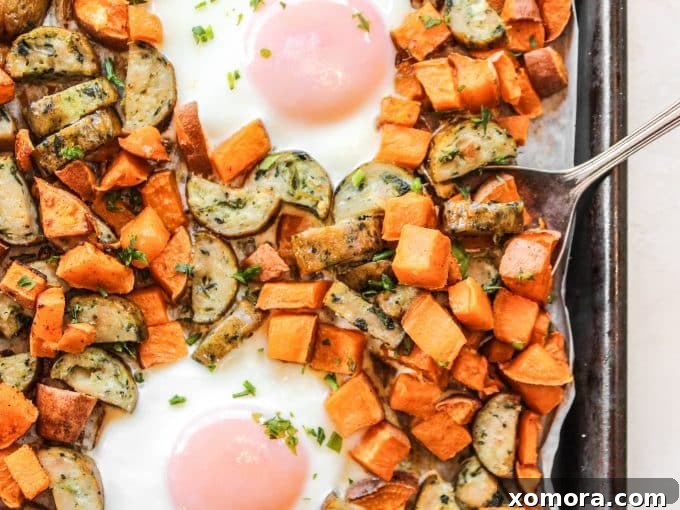 A close-up of the Sheet Pan Sweet Potato Breakfast after cooking.