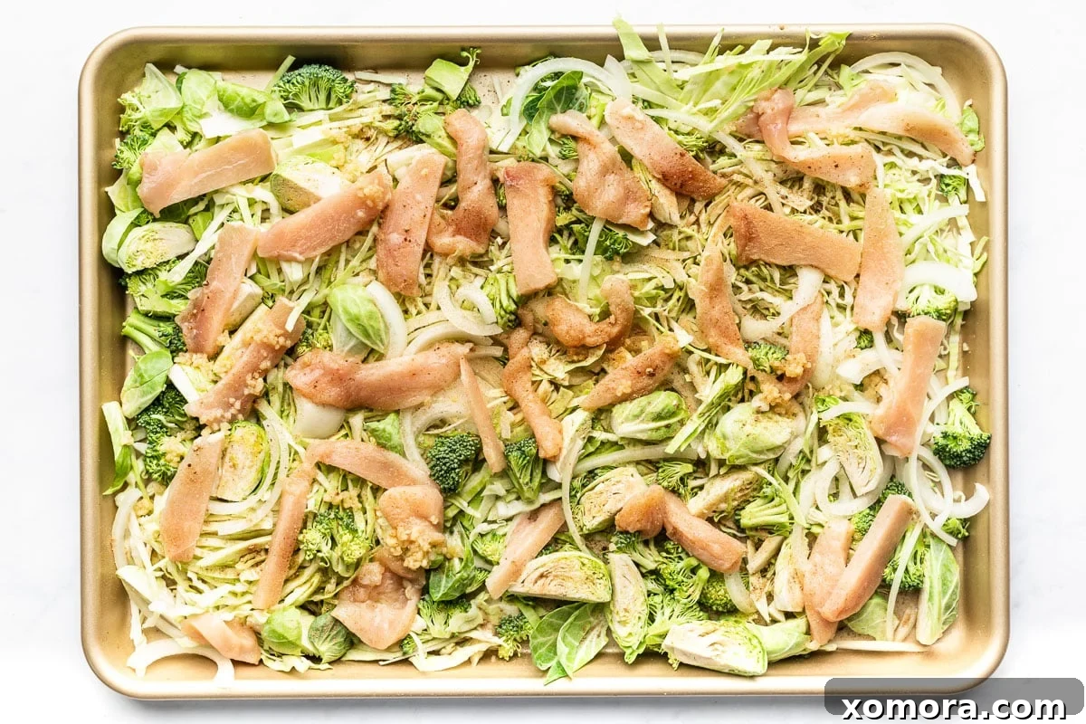 Various ingredients for sheet pan chicken and cabbage stir fry laid out, including sliced chicken, shredded cabbage, broccoli, and Brussels sprouts.
