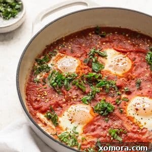 A top-down view of Shakshuka in a black skillet with eggs and rich tomato sauce, garnished with fresh herbs.
