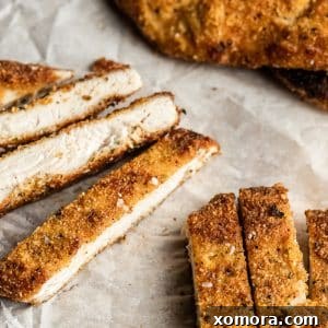 A close-up of a perfectly cooked almond flour chicken cutlet, showcasing its golden, crispy breading.