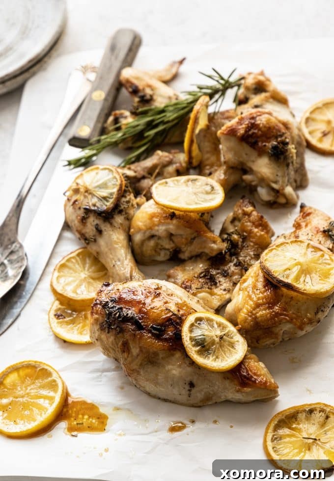 Golden Lemon Herb Roast 2 Close-up of golden brown lemon herb roasted chicken pieces on a baking sheet, garnished with fresh herbs and lemon slices.