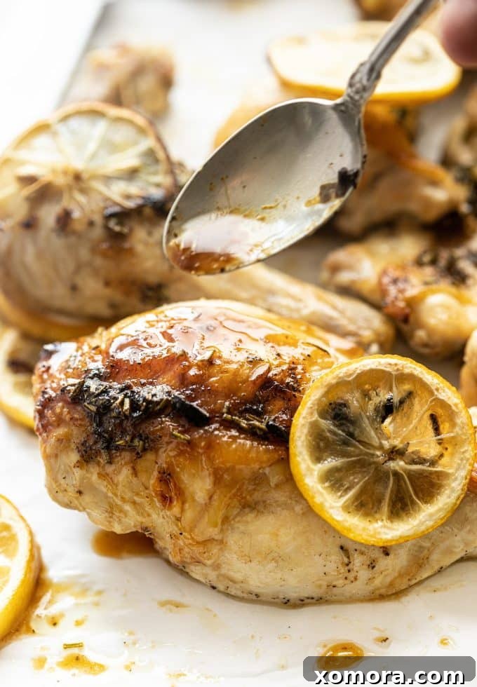 Golden Lemon Herb Roast 5 A close-up of a chicken leg piece with crispy skin, garnished with fresh herbs.