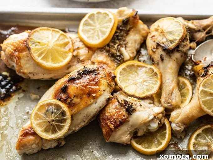 Golden Lemon Herb Roast 6 Cooked lemon herb chicken pieces glistening with pan juices and fresh herbs.