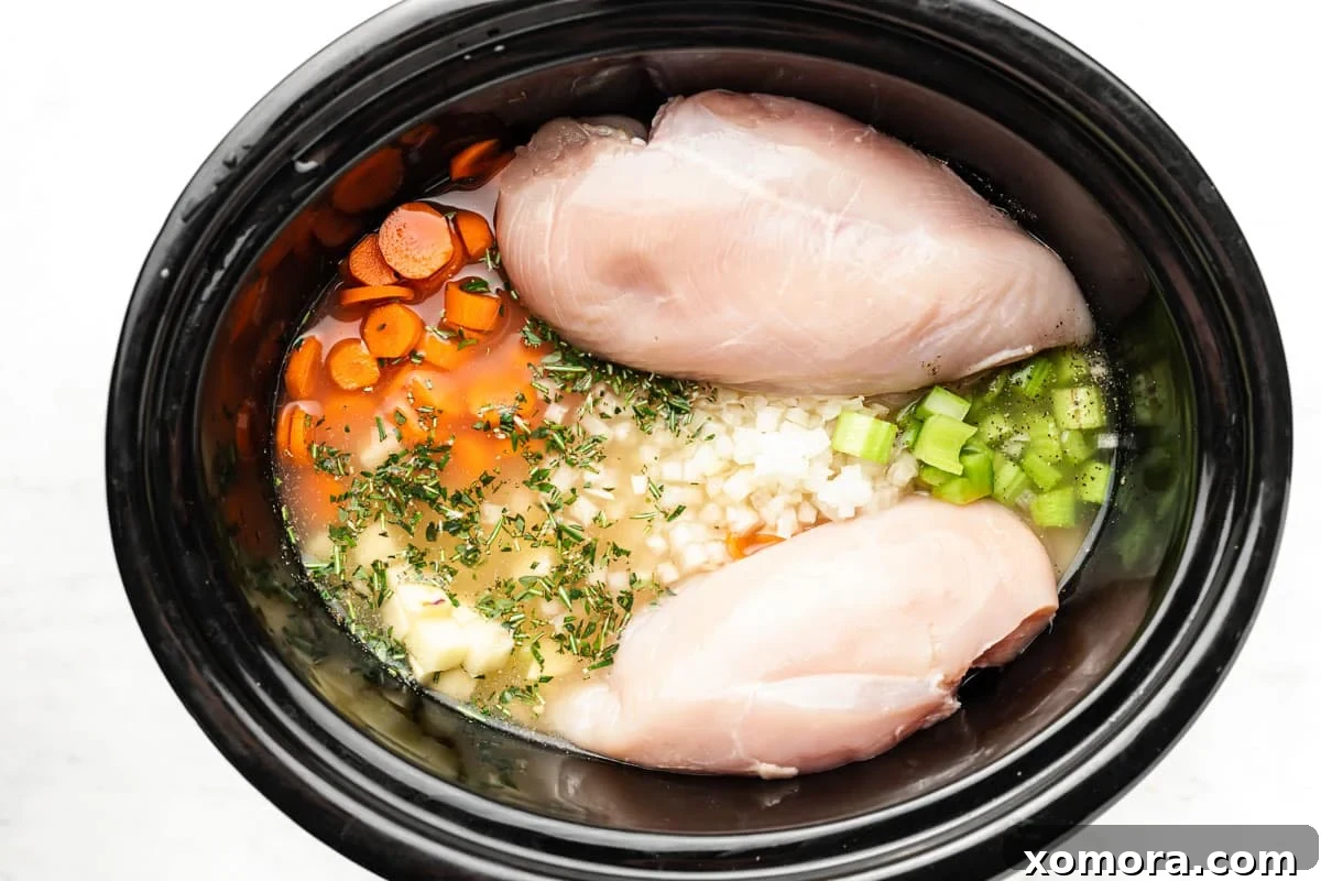 Comforting Crockpot Chicken Stew 3 Close-up of slow cooker chicken stew in a pot, showing tender chicken and colorful vegetables.