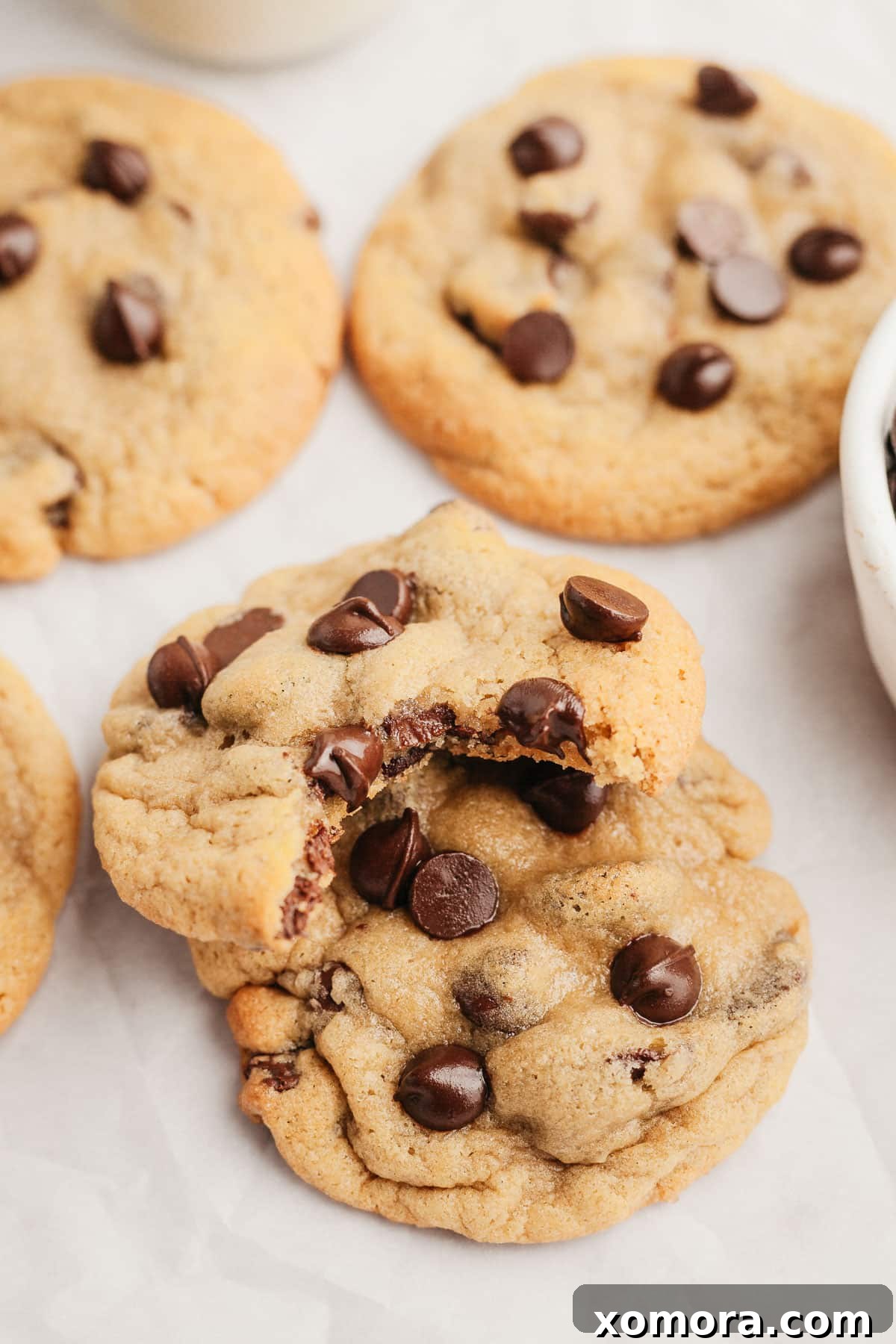 Plant-Based Chocolate Chip Bliss 6 Close-up of a perfectly baked dairy-free chocolate chip cookie with melty chocolate.