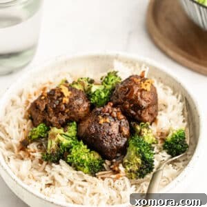 Orange Balsamic Meatballs, close up view from the recipe card