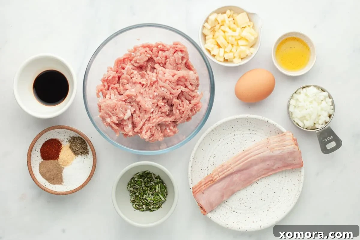 A bowl of uncooked ground turkey mixture with diced apples, onions, and herbs, ready to be formed into meatballs.