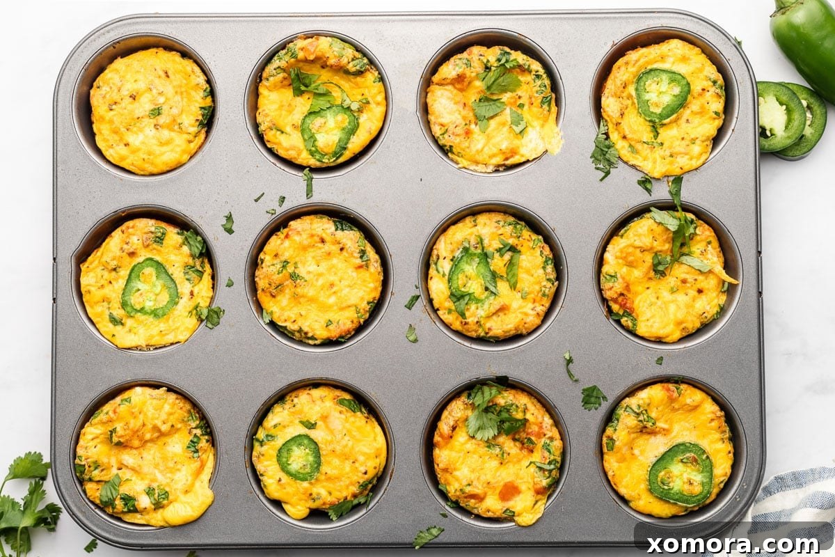 Salsa Chicken Egg Bites Low Carb Dairy Free 5 Cooked Salsa Chicken Egg Muffins cooling in a muffin tin