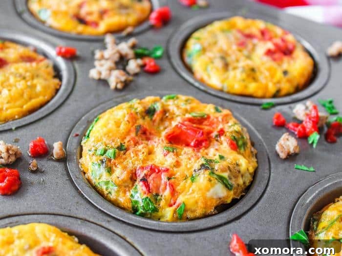 Savory Turkey Pizza Egg Cups 3 A tray of freshly baked Turkey Pizza Egg Muffins, some removed from the pan, showing their fluffy texture and savory fillings.