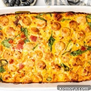 Finished dairy-free chicken sausage breakfast casserole with a crispy potato crust.